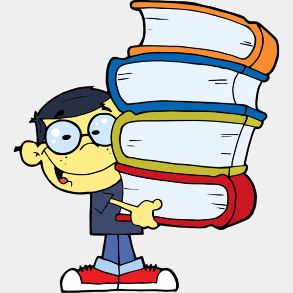 boy with glasses holding 4 big books Thumbnail
