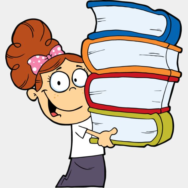 girl with bun holding 4 big books Thumbnail